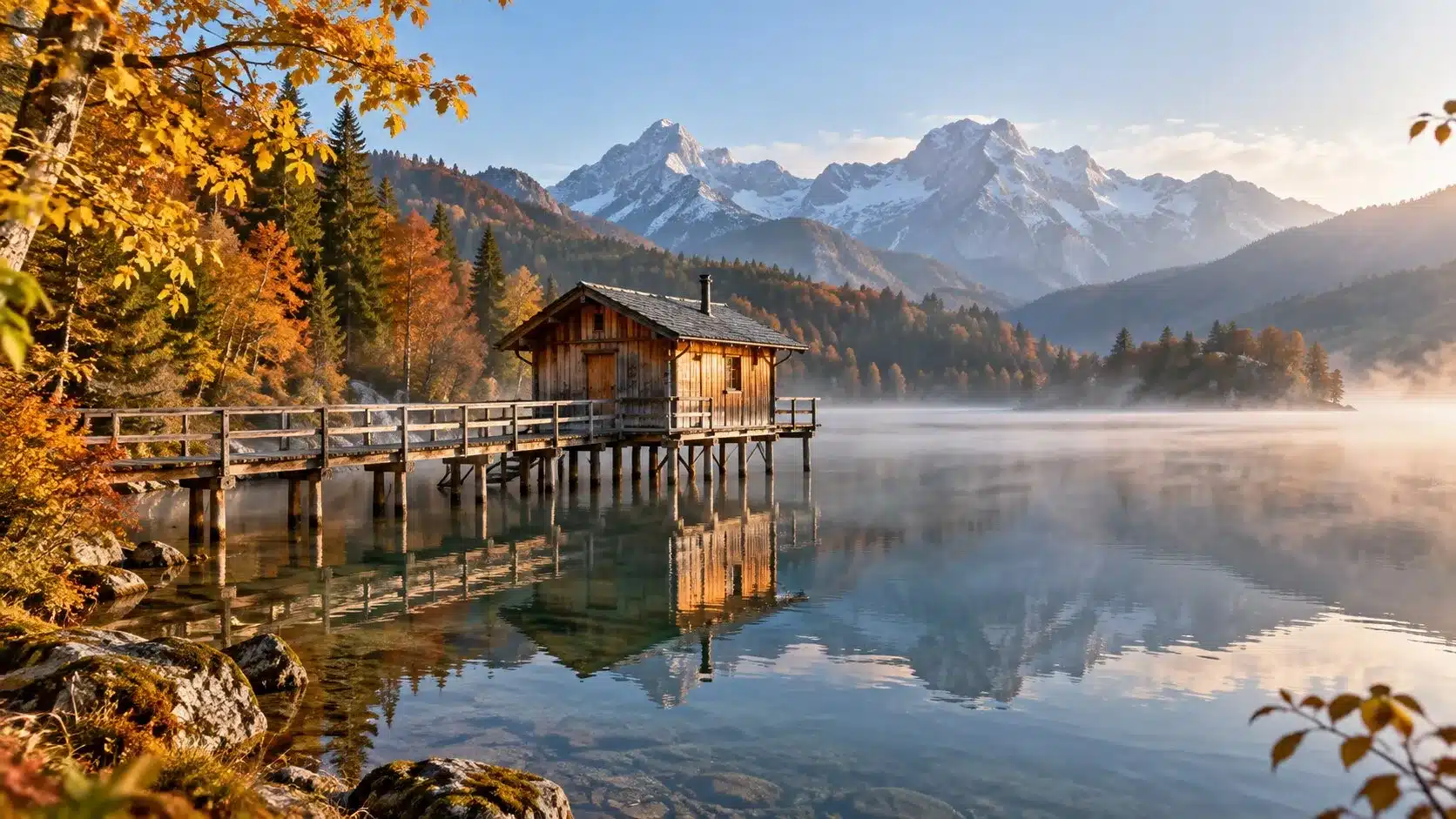 Cabane sur pilotis reliée par un ponton au bord d'un lac de montagne en automne
